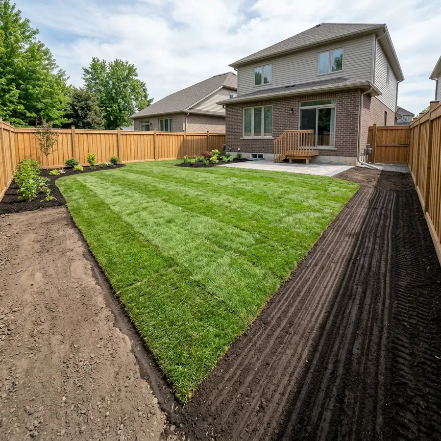 Same backyard graded to drain after the dirt work