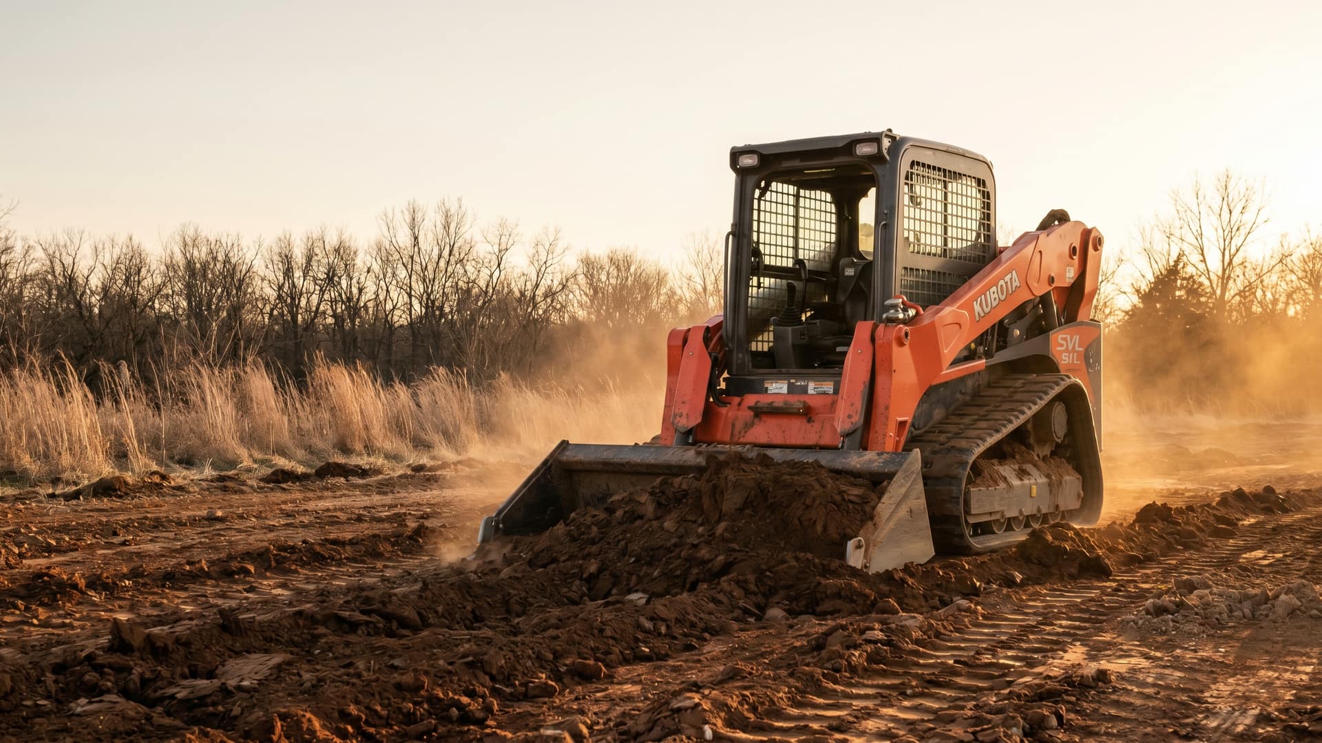 An orange Kubota SVL tracked skid steer grading clay-heavy dirt across a Lincoln County yard at golden hour